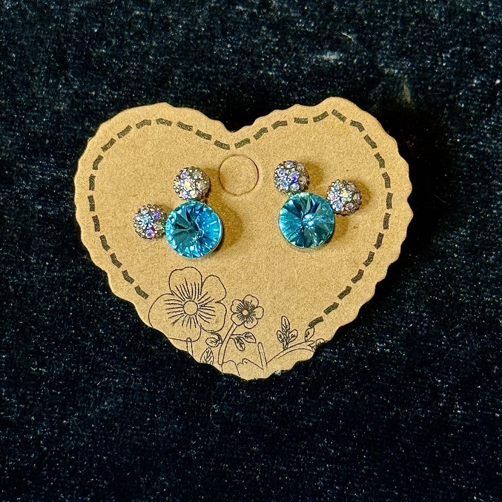 Disney Minnie Mickey Mouse Earrings Rivoli Blue Topaz, & AB Crystal Studs